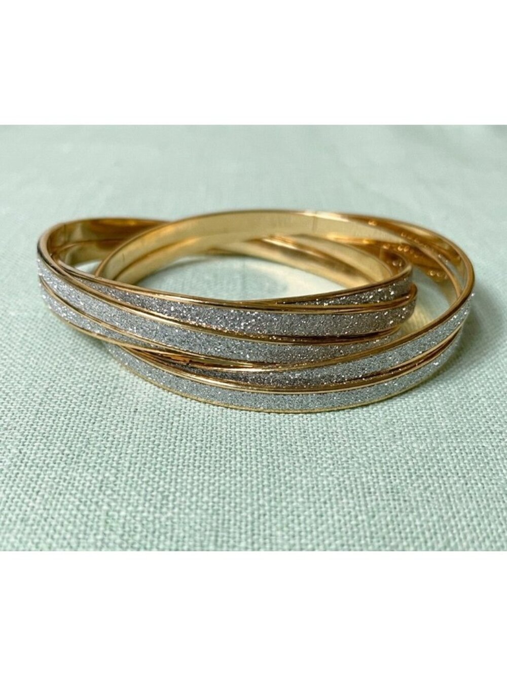 Interlocking Gold Tone Multi-Bangle Bracelet w/Sparkly Glitter Finish Set of 6